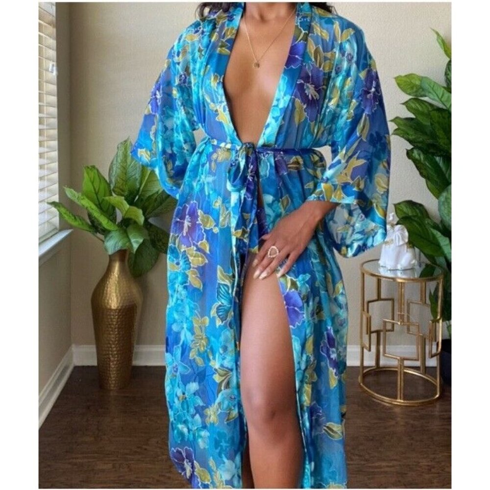 Vintage California Dynasty Blue Semi‎ Sheer Floral Long Robe Medium Pockets EUC